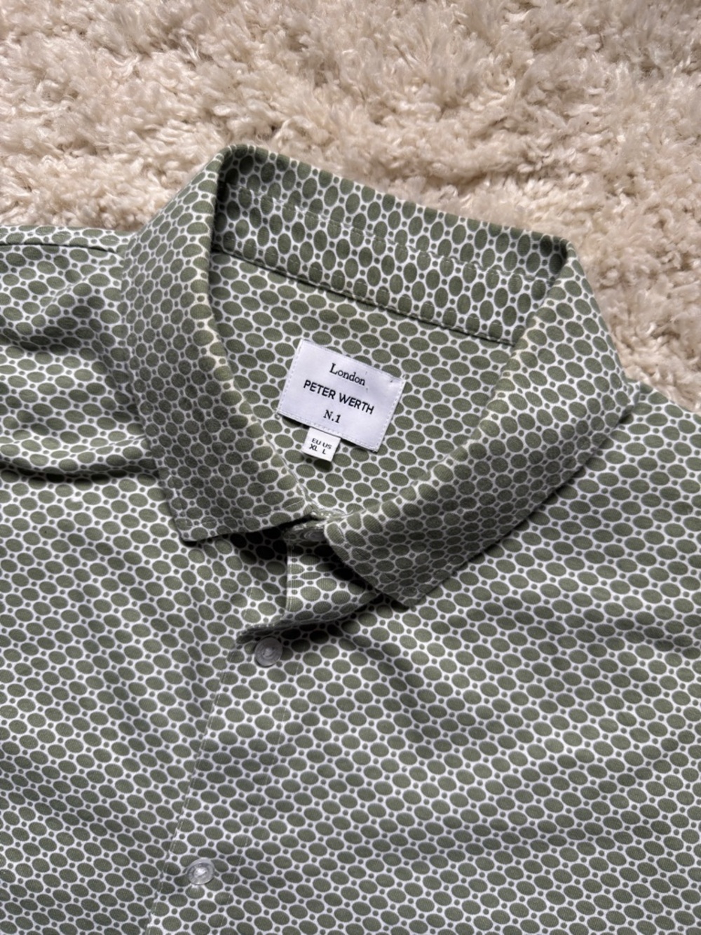 Peter Werth Men's Olive Geo-Pattern Button Down Shirt. Sz Lrg. GREAT Shape.